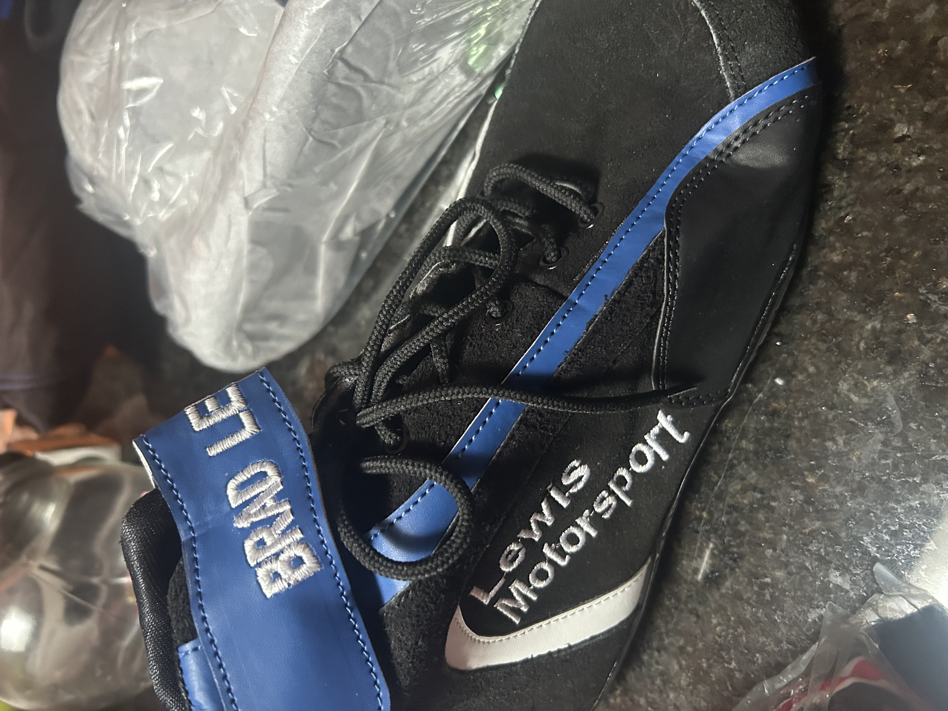 Black, blue & white racegear